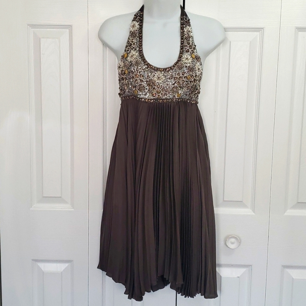 Alice + Olivia | Silk Taupe Backless Halterneck Beaded Dress Sz S